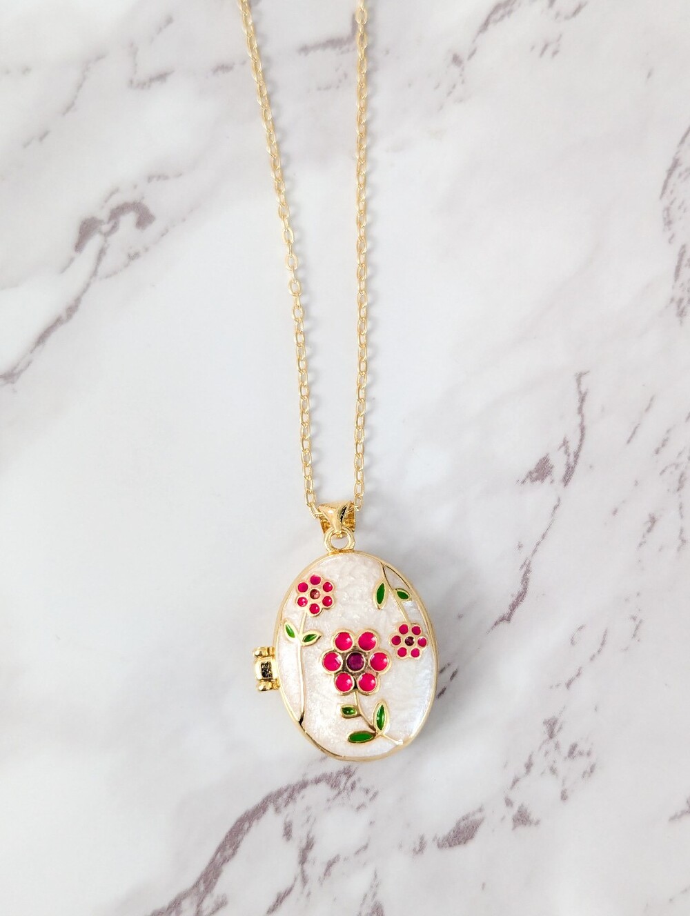 Floral Enamel Photo Locket Necklace Gold Tone Pink Flower Keepsake Pendant - Picture 4 of 8